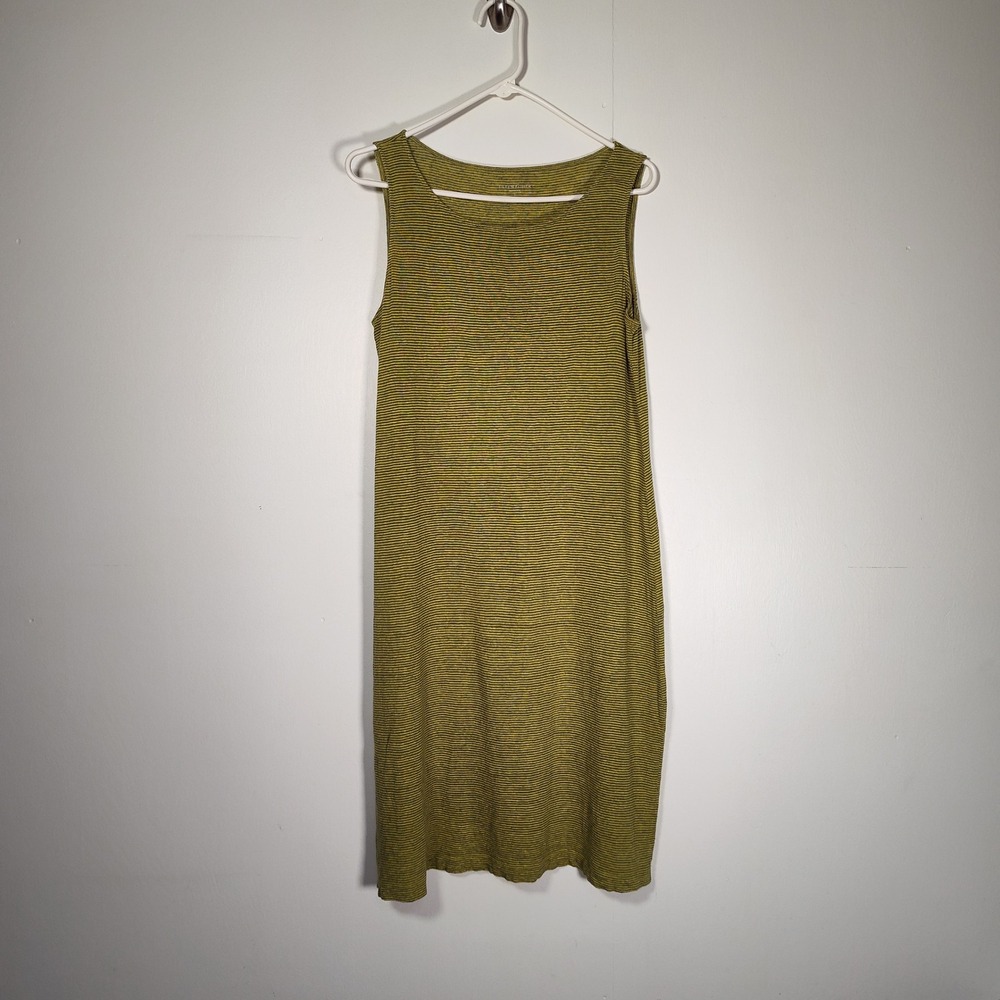 Eileen Fisher Womens Small Striped 100% Linen Sleeveless Shift Dress Yellow Grey